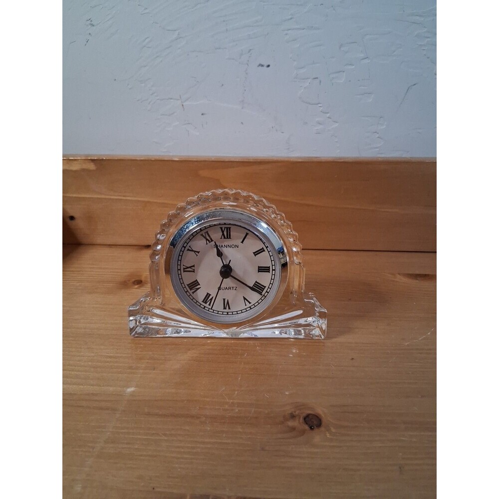 Vtg Shannon Clock Lead Crystal Glass Shelf Desk  Quartz Movement ~3.5" x 4"
